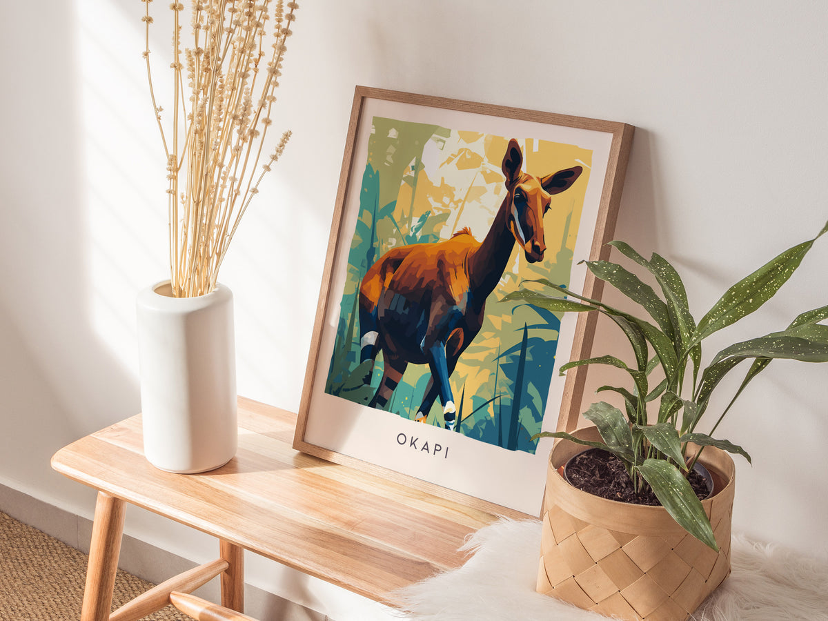 Okapi, Okapia johnstoni Poster | Rainforest Wildlife Wall Art — styled in a modern interior