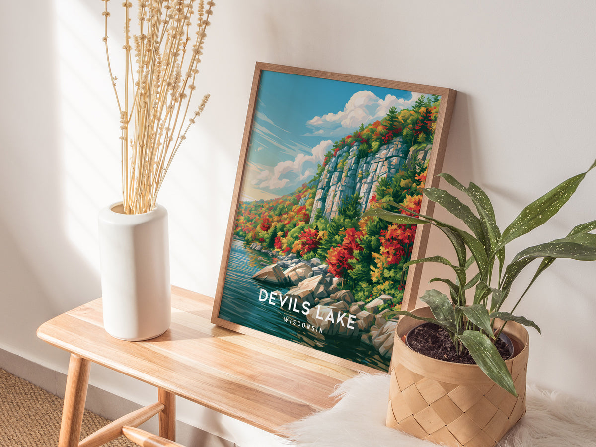 Devils Lake, Wisconsin Poster | Bluffs & Blue Water Travel Wall Art — styled in a modern interior