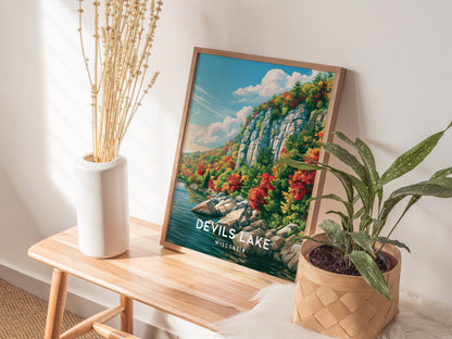 Devils Lake, Wisconsin Poster | Bluffs & Blue Water Travel Wall Art — styled in a modern interior