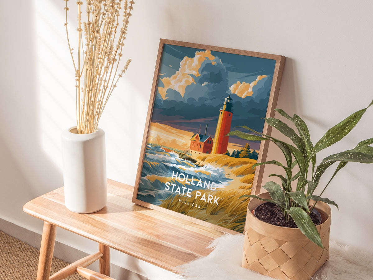 Holland State Park, Michigan Poster | Big Red Lighthouse Coastal Beach Decor Wall Art — styled in a modern interior
