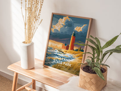 Holland State Park, Michigan Poster | Big Red Lighthouse Coastal Beach Decor Wall Art — styled in a modern interior