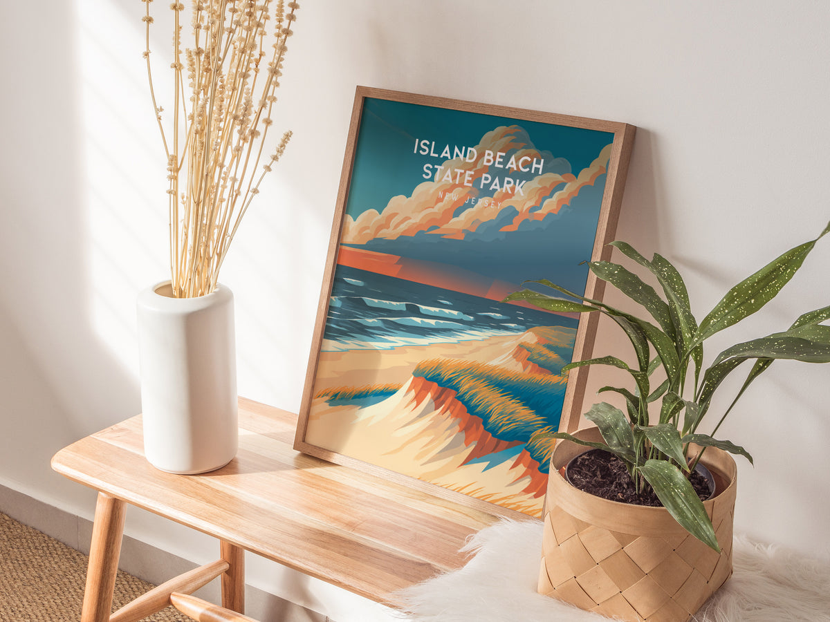 Island Beach State Park, New Jersey Poster | Destination Print Seaside Dunes Wall Art — styled in a modern interior