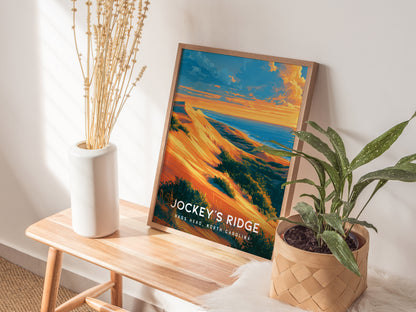Jockey's Ridge, Nags Head, North Carolina Poster | Sand Dunes & Sunset Travel Wall Art — styled in a modern interior