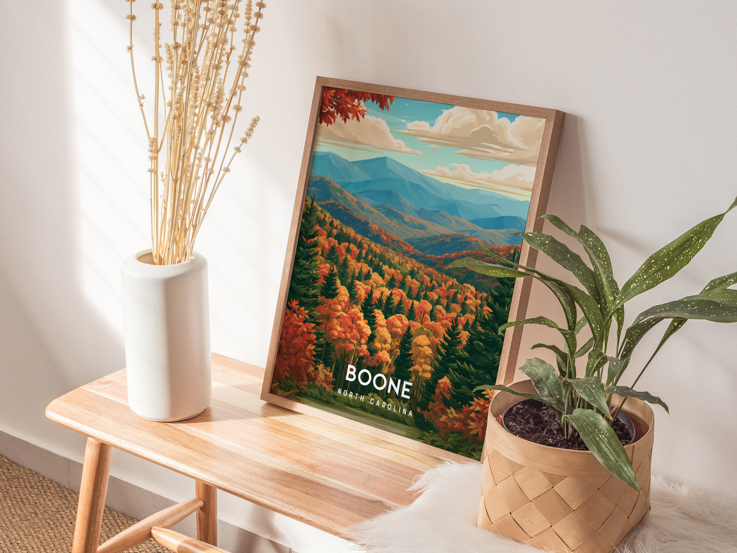 Boone, North Carolina Poster | Blue Ridge Mountain Charm Wall Art — styled in a modern interior