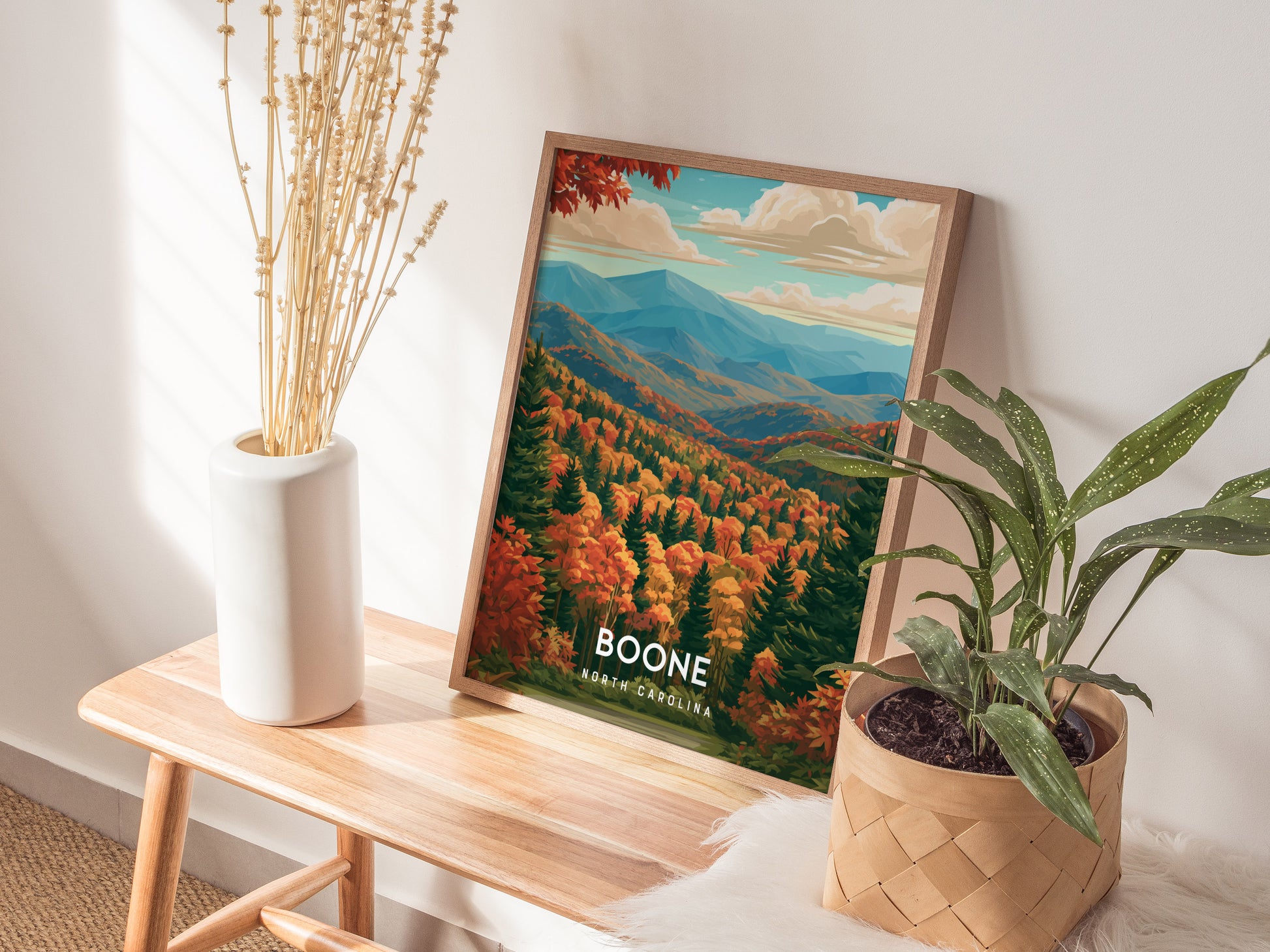 Boone, North Carolina Poster | Blue Ridge Mountain Charm Wall Art — styled in a modern interior