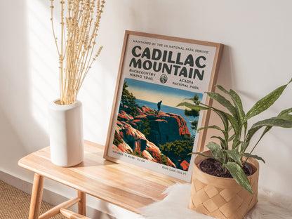 Cadillac Mountain, Acadia National Park Poster | Hiker Gift | Backcountry Trail Block Print Wall Art — styled in a modern int