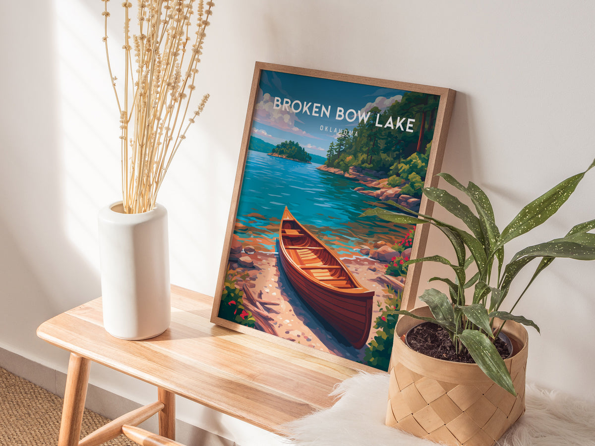 Broken Bow Lake, Oklahoma Poster | Pine Forest & Lake Retreat Wall Art — styled in a modern interior