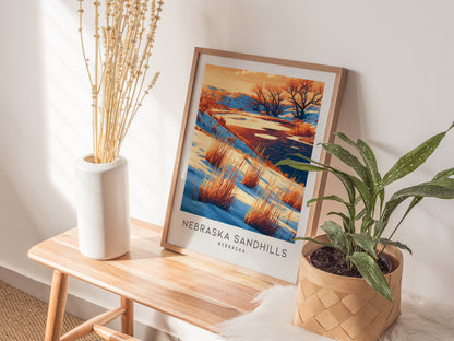 Nebraska Sandhills Matte Border Poster | Nebraska Destination Print Travel Gift — styled in a modern interior