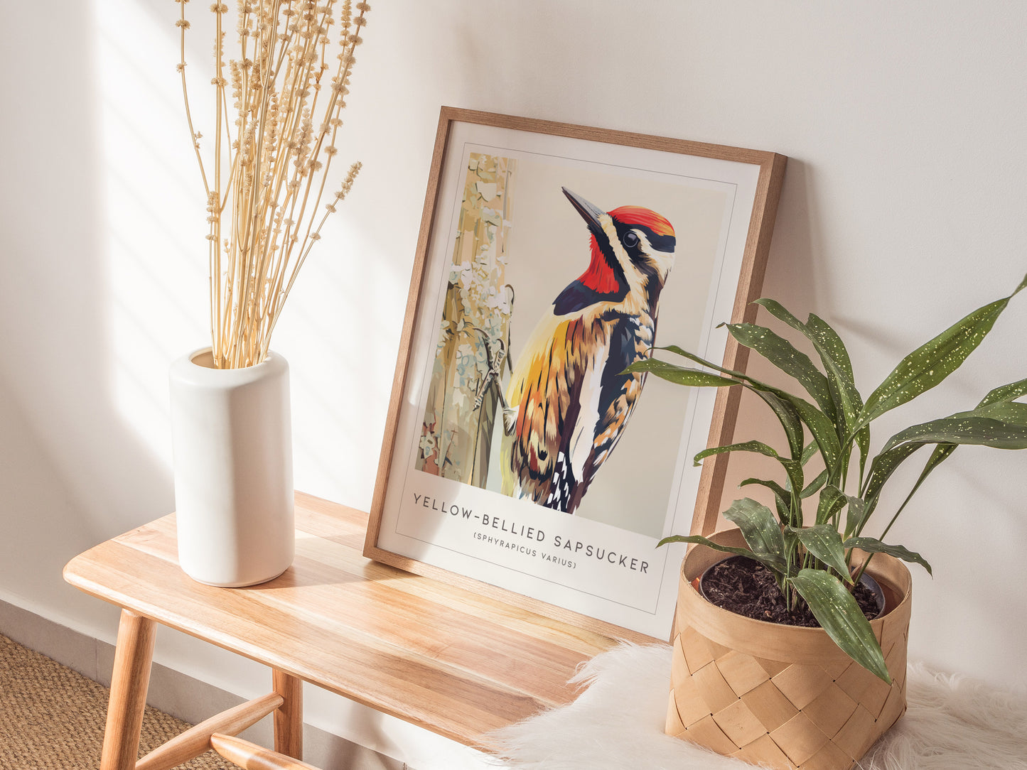 Yellow-bellied Sapsucker, Sphyrapicus varius Poster | Woodland Bird Wall Art — styled in a modern interior