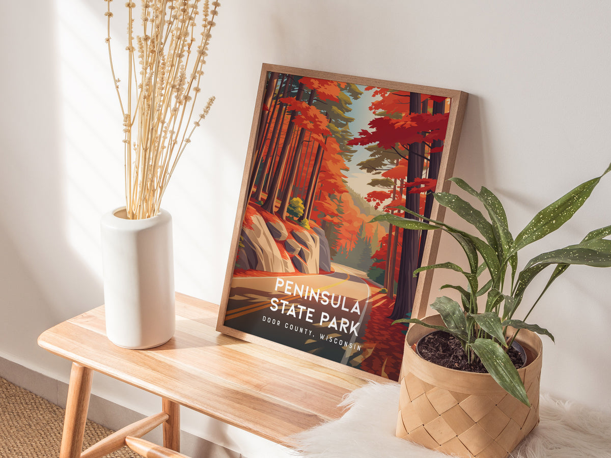 Peninsula State Park, Door County, Wisconsin Poster | Bluffs & Birch Forest Travel Wall Art — styled in a modern interior