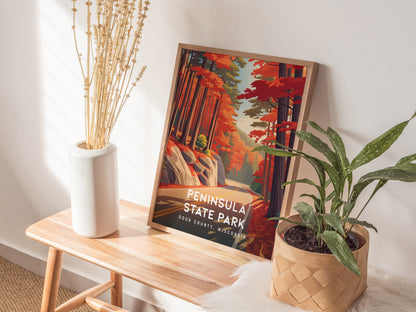 Peninsula State Park, Door County, Wisconsin Poster | Bluffs & Birch Forest Travel Wall Art — styled in a modern interior