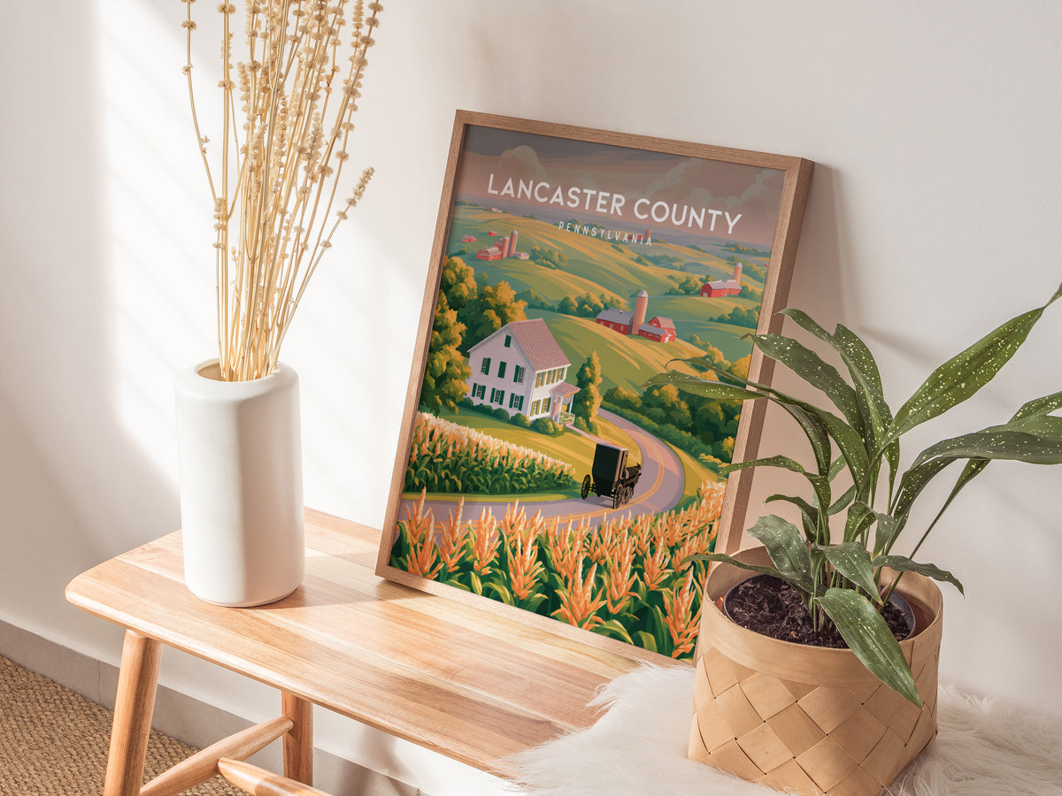 Lancaster County, Pennsylvania Poster | Rolling Farmland & Covered Bridge Wall Art — styled in a modern interior