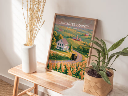 Lancaster County, Pennsylvania Poster | Rolling Farmland & Covered Bridge Wall Art — styled in a modern interior