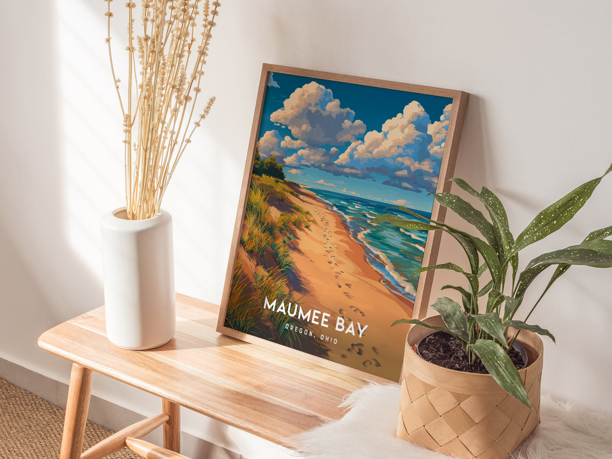 Maumee Bay, Oregon, Ohio Poster | Lakeside Marshland Sunset Wall Art — styled in a modern interior
