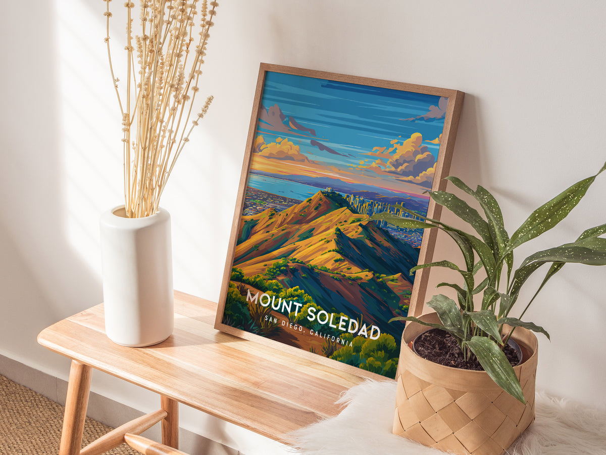 Mount Soledad, California Poster | Cross & Coastline Panoramic View Wall Art — styled in a modern interior