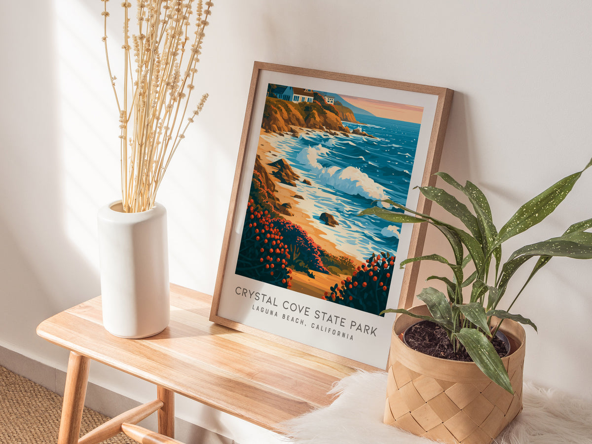 Crystal Cove State Park Matte Border Poster | Laguna Beach, California Travel Wall Art — styled in a modern interior