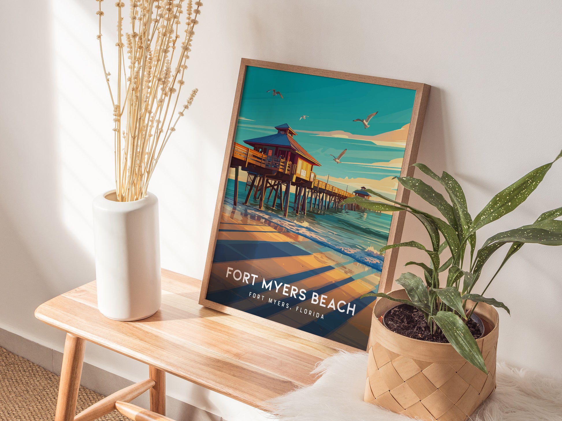 Fort Myers Beach Poster | Florida Historic Pier Wall Art | Framed or Unframed