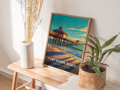 Fort Myers Beach Poster | Florida Historic Pier Wall Art | Framed or Unframed