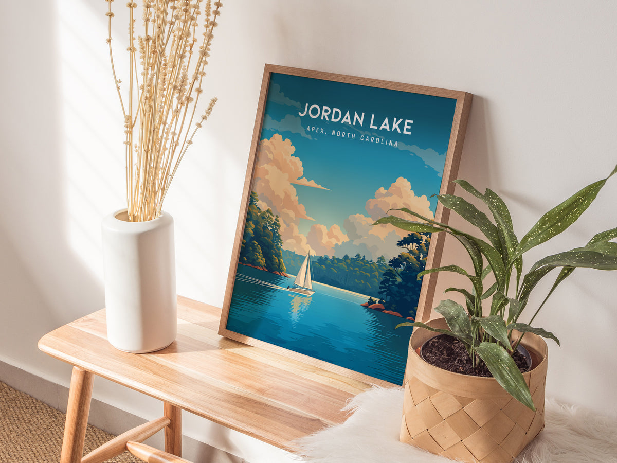 Jordan Lake, Apex, North Carolina Poster | Lakeside Serenity Travel Wall Art — styled in a modern interior