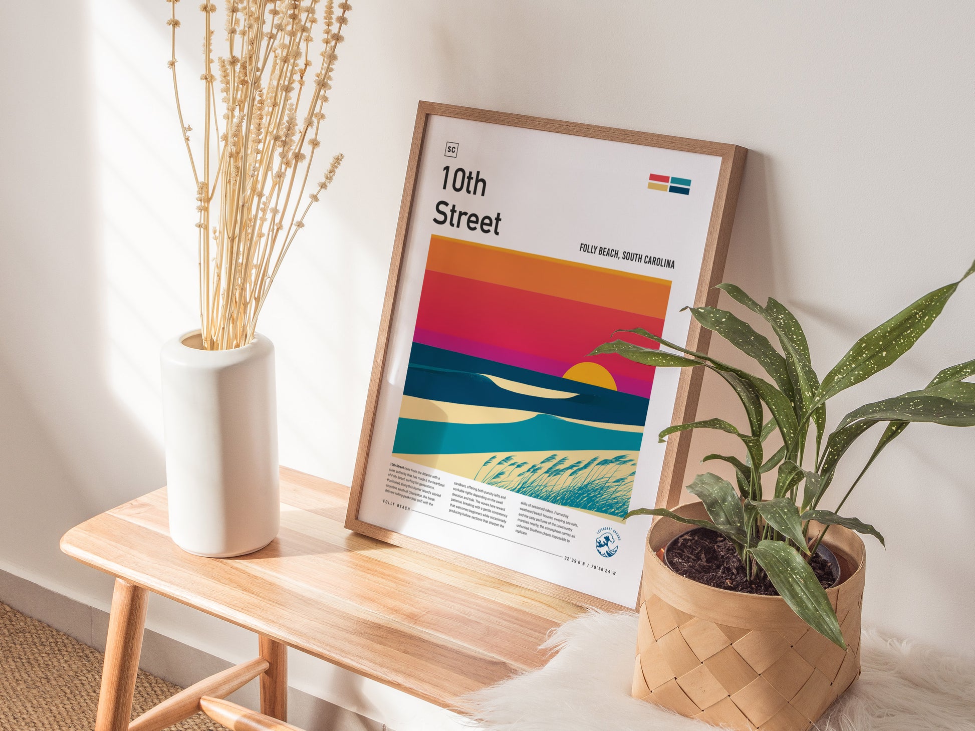 10th Street, Folly Beach, South Carolina Poster | Surf Wall Art & Beach House Decor — styled in a modern interior