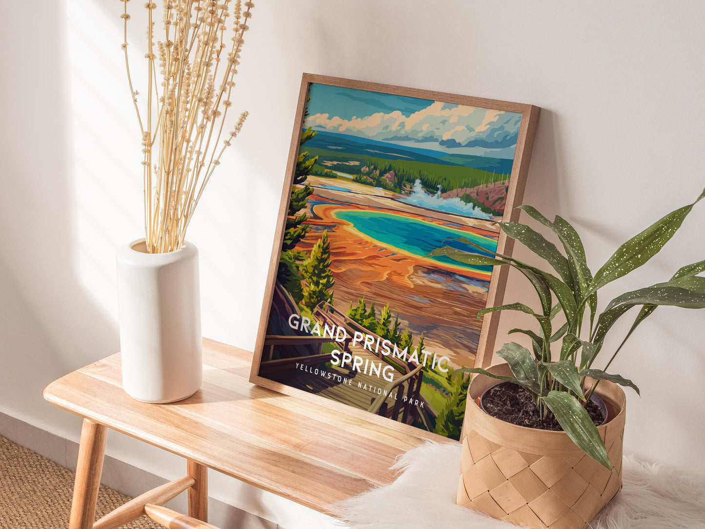 Grand Prismatic Spring, Yellowstone National Park Poster | Geothermal Wonder Travel Wall Art — styled in a modern interior