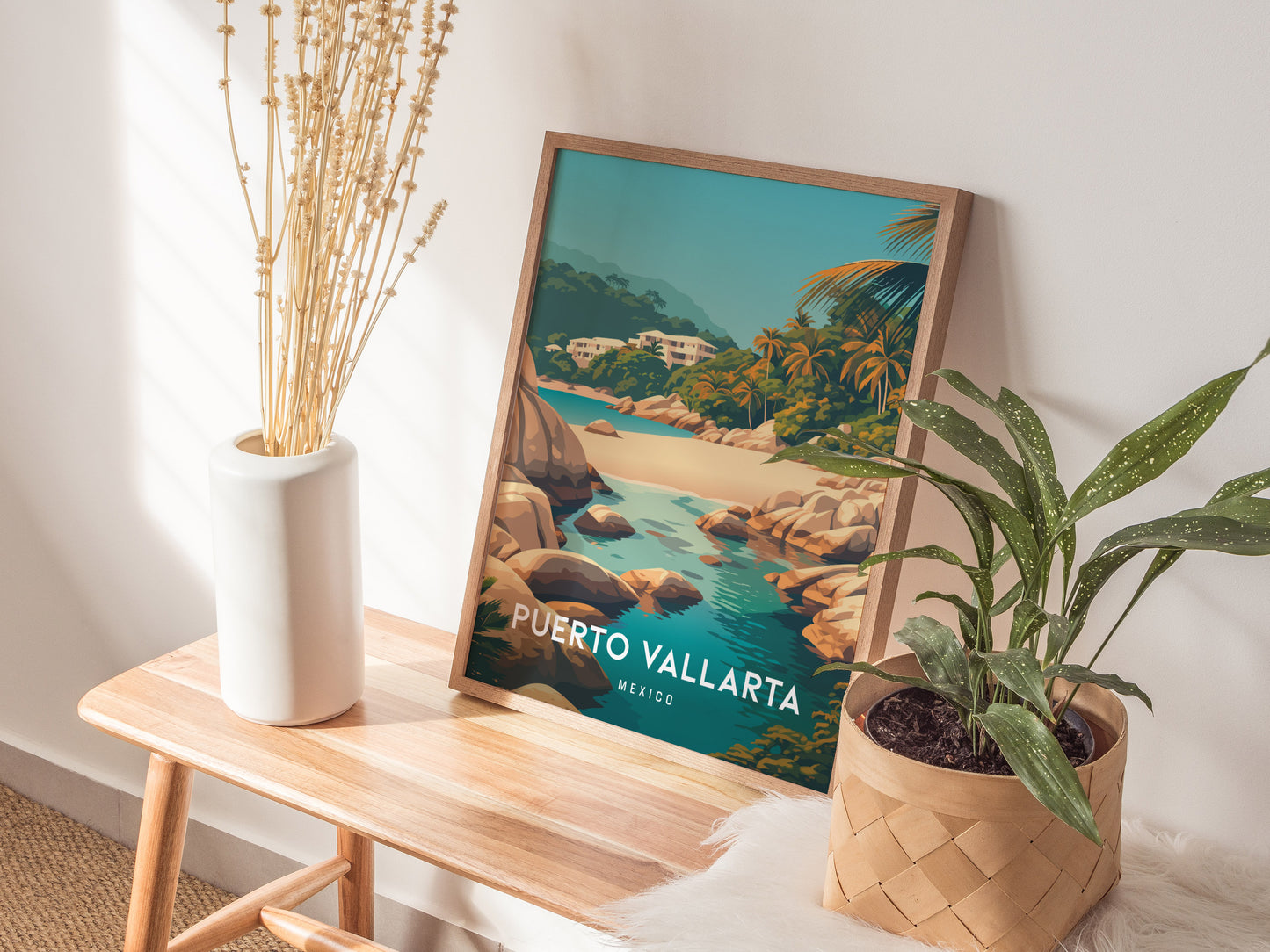Puerto Vallarta, Mexico Poster | Tropical Coast & Cathedral Wall Art — styled in a modern interior