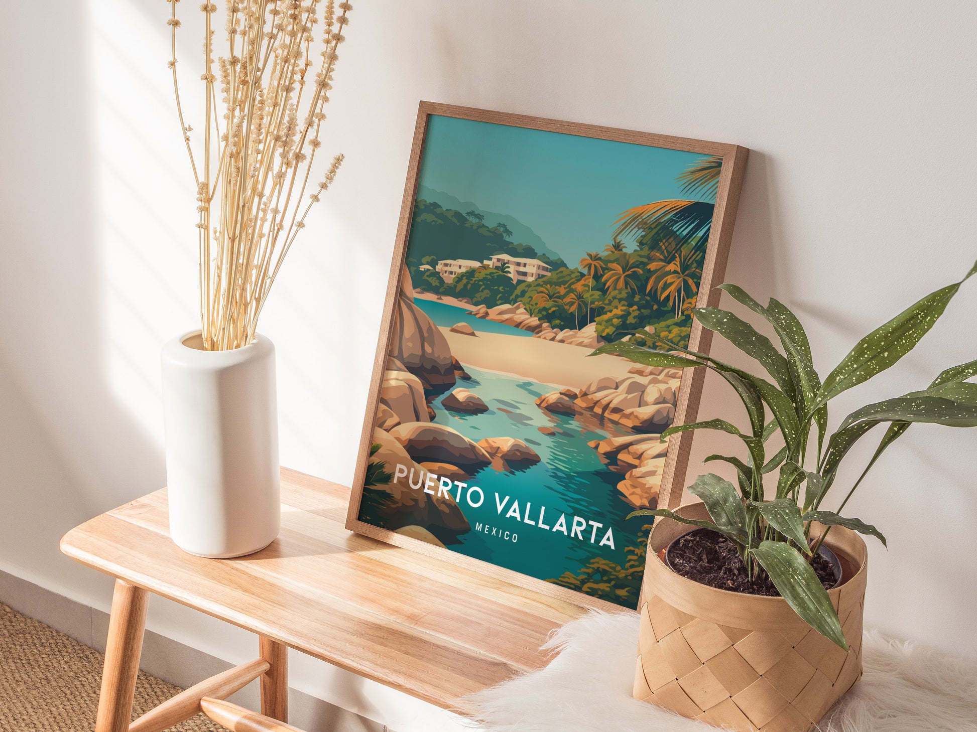 Puerto Vallarta, Mexico Poster | Tropical Coast & Cathedral Wall Art — styled in a modern interior