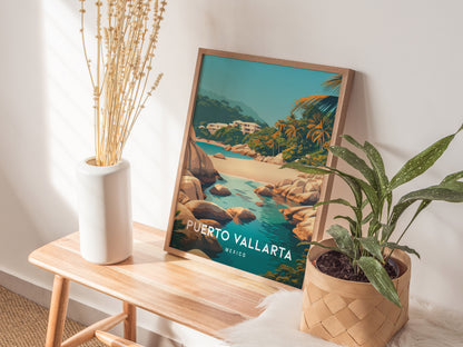 Puerto Vallarta, Mexico Poster | Tropical Coast & Cathedral Wall Art — styled in a modern interior