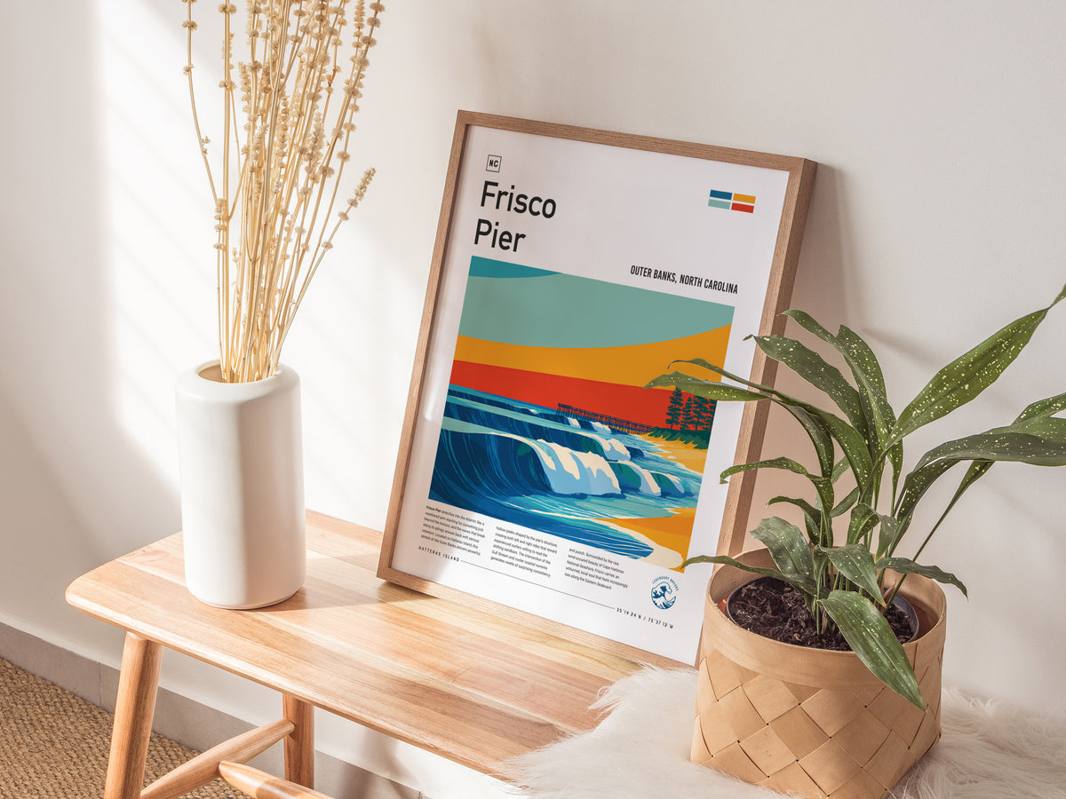 Frisco Pier, Outer Banks, North Carolina Poster | Surf Wall Art & Beach House Decor — styled in a modern interior
