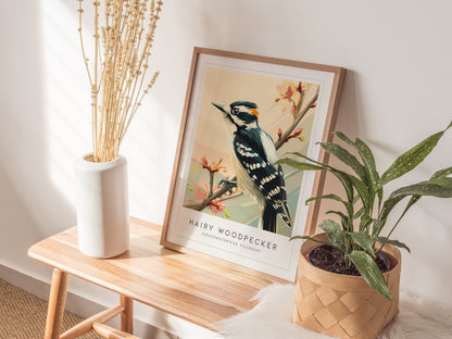 Hairy Woodpecker Poster | Bold Forest Bird Illustration Wall Art — styled in a modern interior
