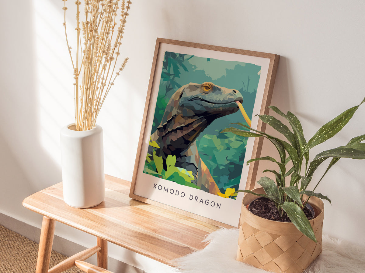Komodo Dragon Poster | Ancient Reptile Wildlife Wall Art — styled in a modern interior