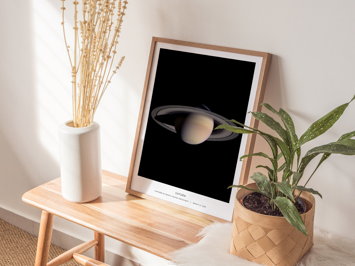 Natural wood framed Saturn wall art inspired by Cassini spacecraft photography