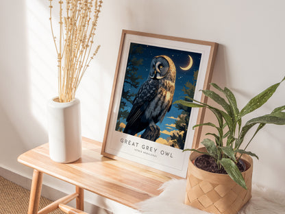 Great Grey Owl Poster | Nocturnal Bird Lover Witchy Wall Art