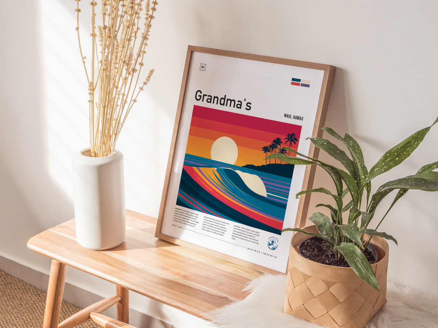 Grandma's, Maui, Hawaii Poster | Tropical Surf Wall Art — styled in a modern interior