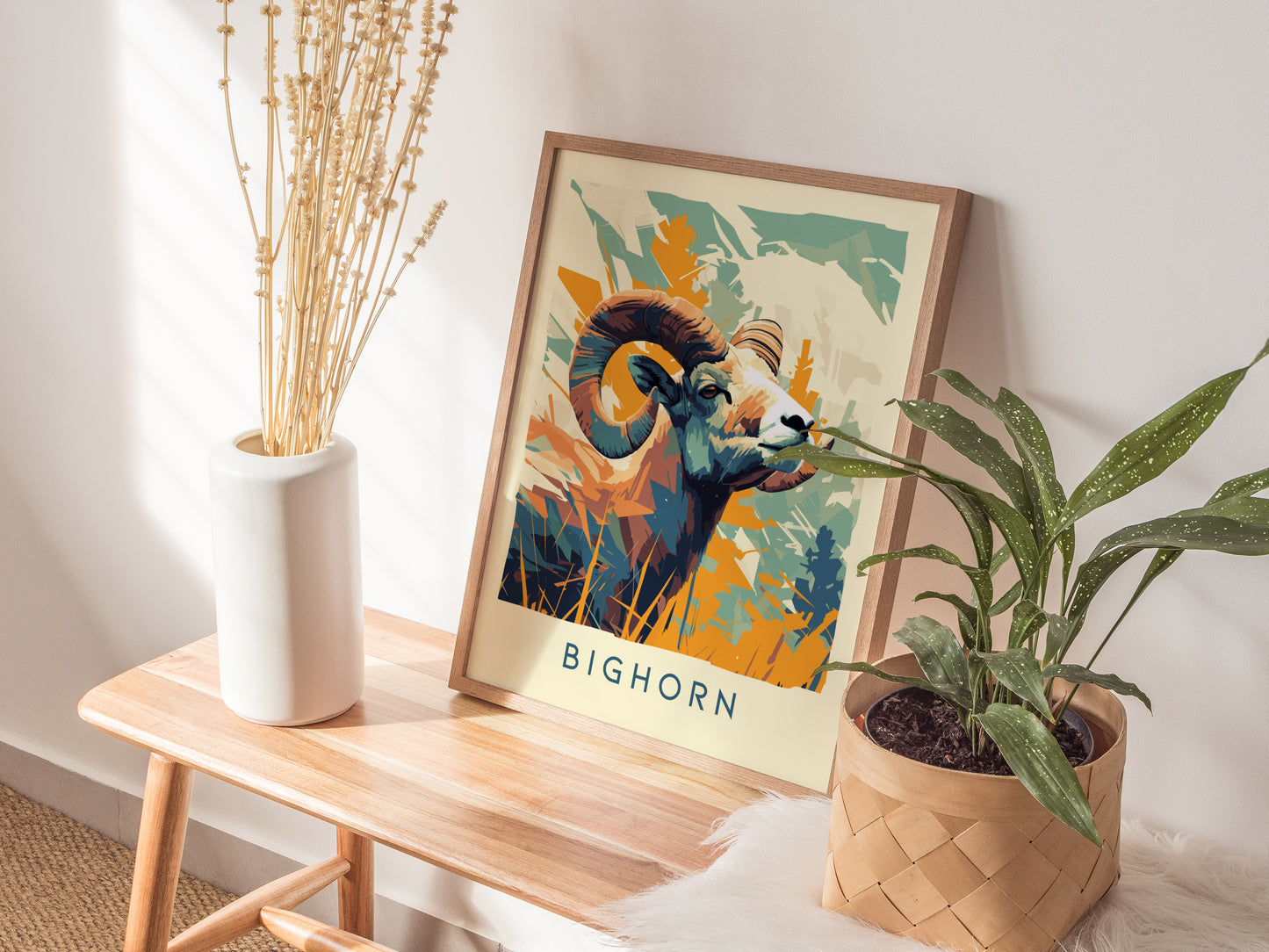 Bighorn Ram Modern Wildlife Poster | Mountain Cabin Wall Art | Framed or Unframed