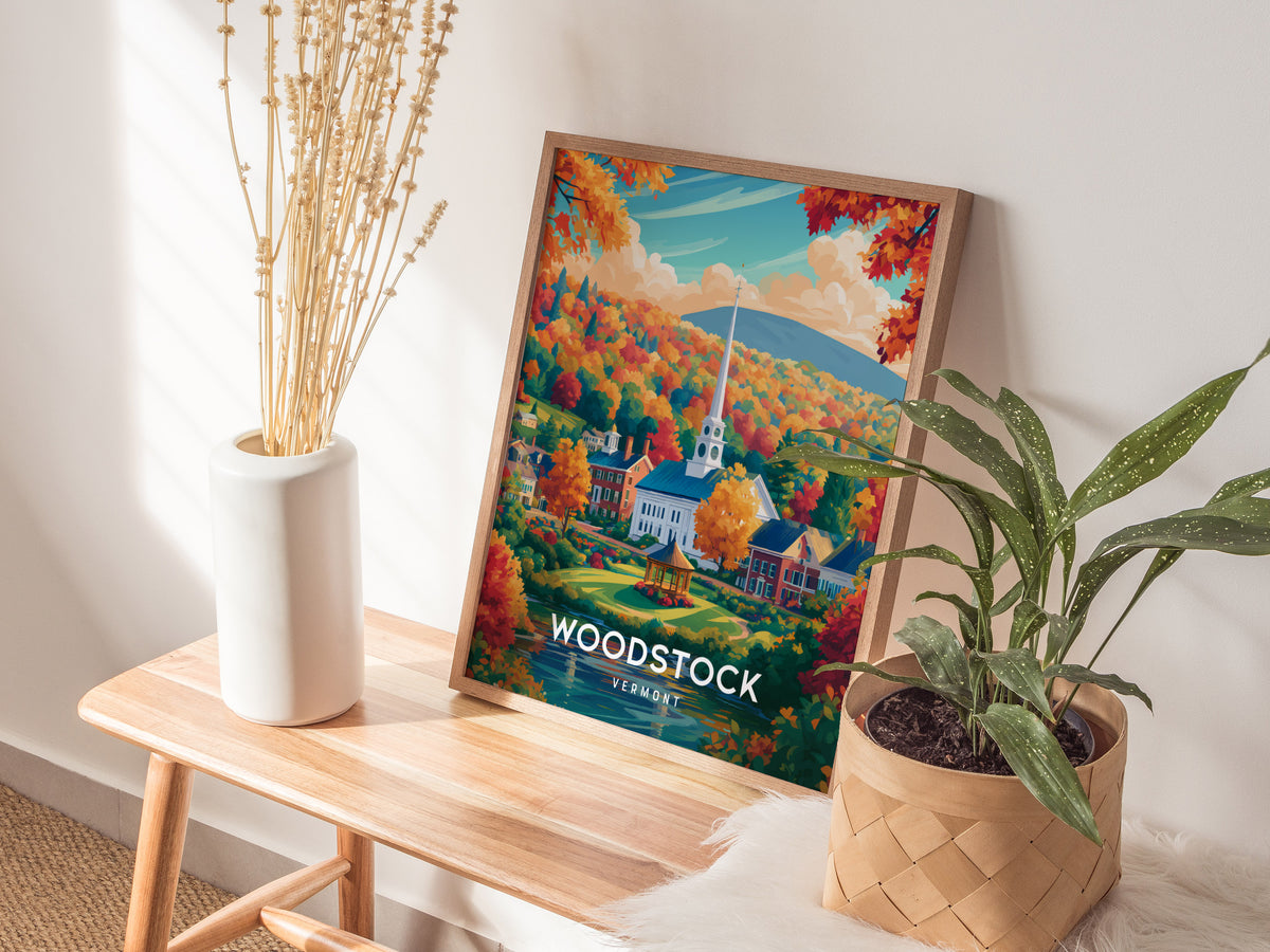 Woodstock, Vermont Poster | New England Covered Bridge Vacation Wall Art — styled in a modern interior