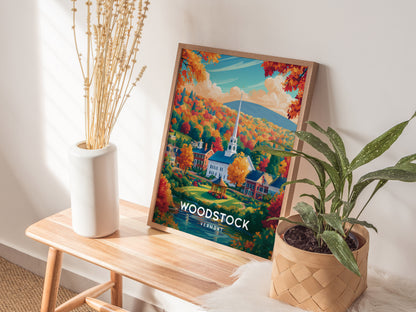 Woodstock, Vermont Poster | New England Covered Bridge Vacation Wall Art — styled in a modern interior