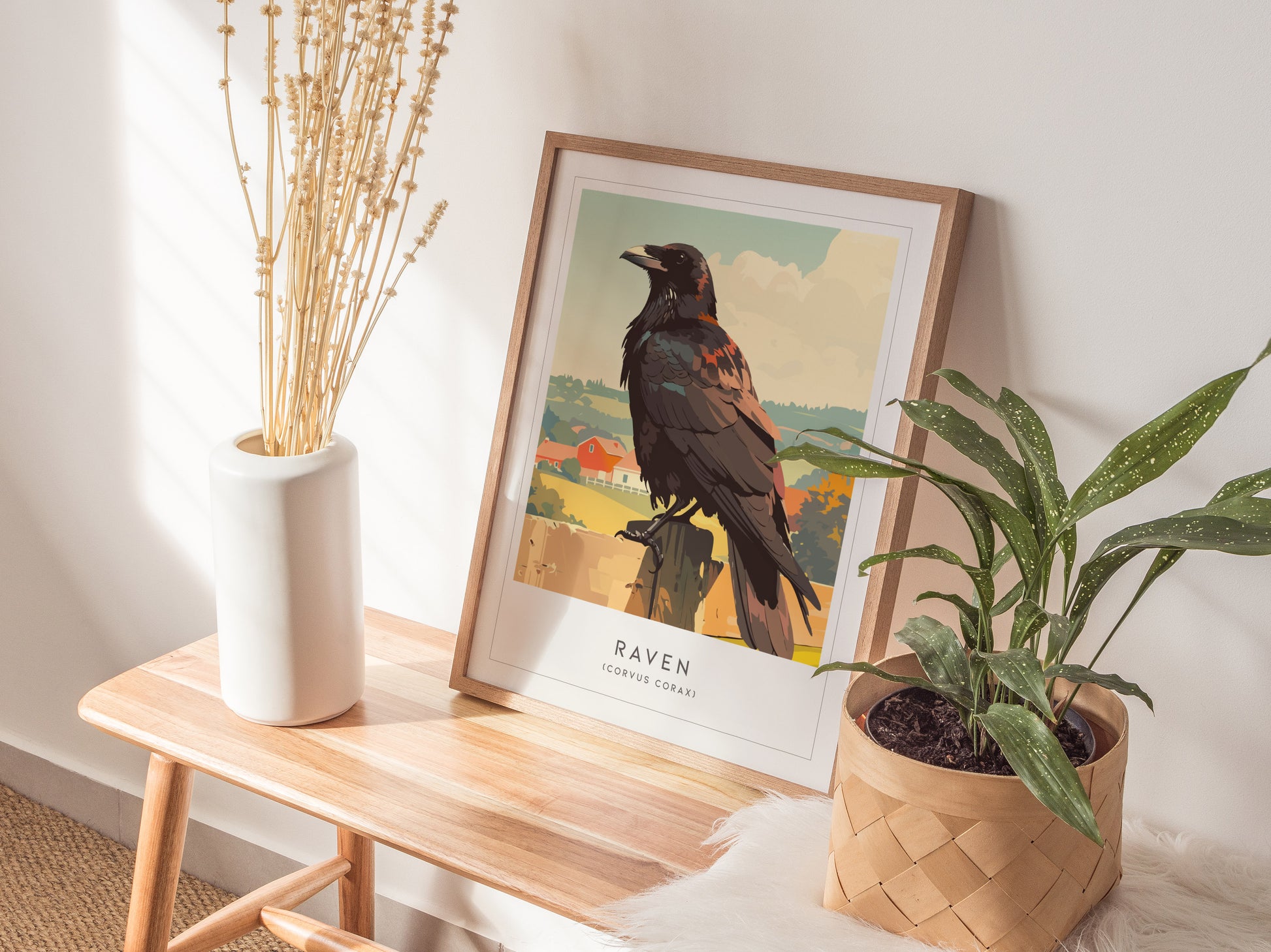 Stylized raven perched on a wooden post, featuring muted earth tones against a serene gradient sky, perfect for wildlife art lovers.
