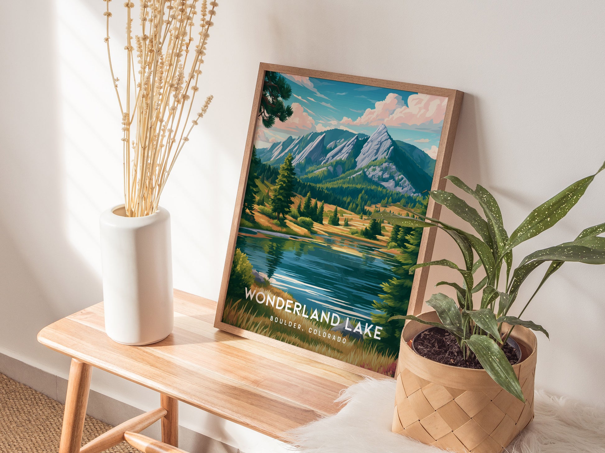 Wonderland Lake, Boulder, Colorado Poster | Mountain Lake Serenity Wall Art — styled in a modern interior