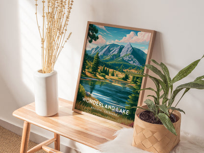Wonderland Lake, Boulder, Colorado Poster | Mountain Lake Serenity Wall Art — styled in a modern interior