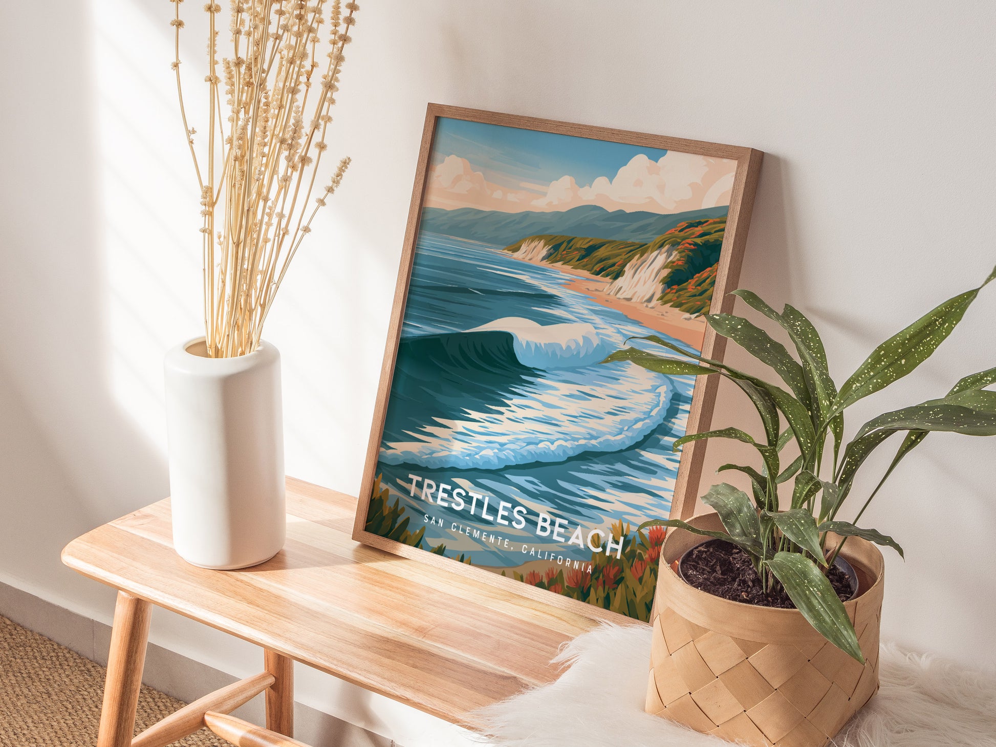 Trestles Beach, California Poster | Golden Hour Surf Break Wall Art — styled in a modern interior