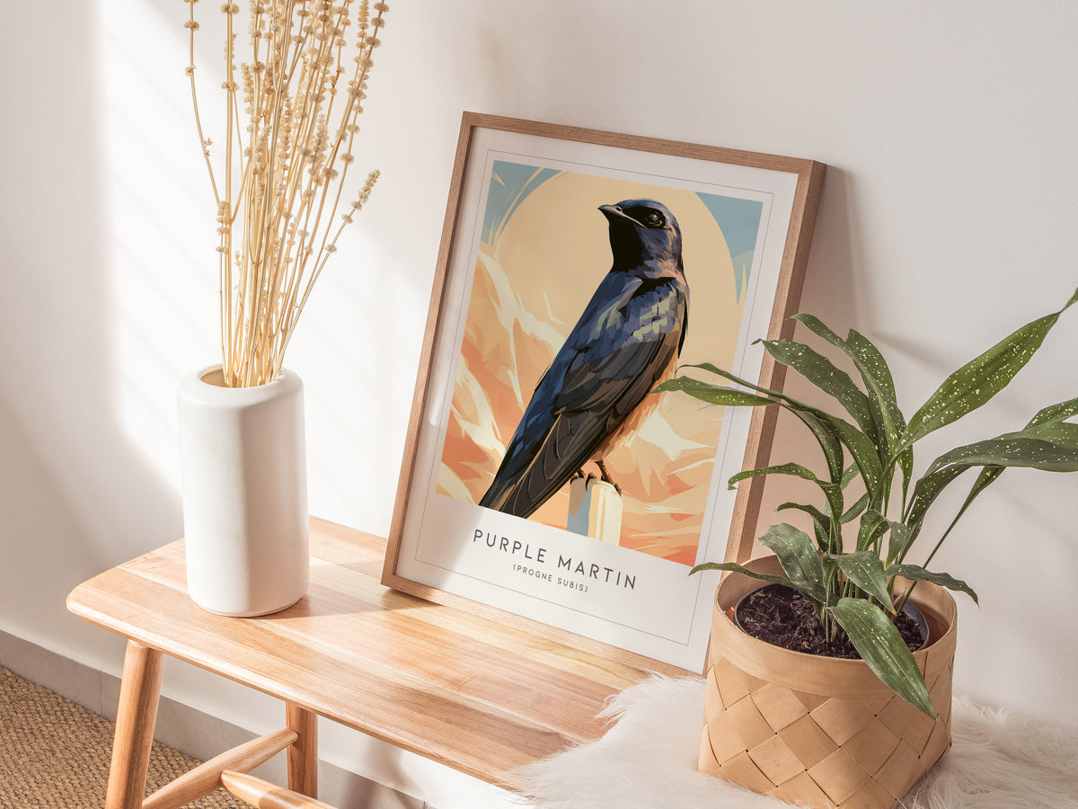 Purple Martin Poster | Graceful Songbird in Golden Light Wall Art — styled in a modern interior