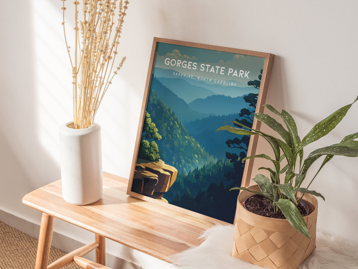 Gorges State Park, Sapphire, North Carolina Poster | Waterfall & Mountain Forest Travel Wall Art — styled in a modern interio