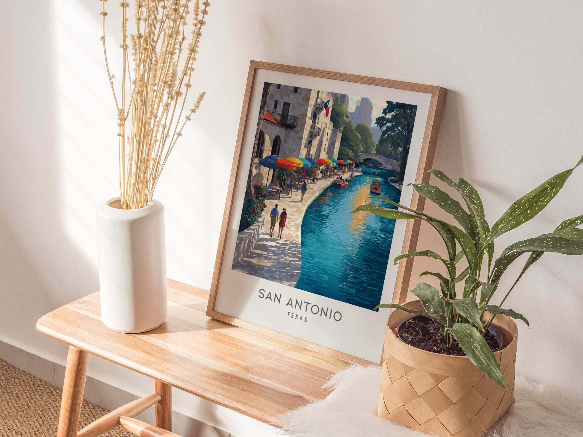 San Antonio River Walk Matte Border Poster | Texas Travel Wall Art — styled in a modern interior