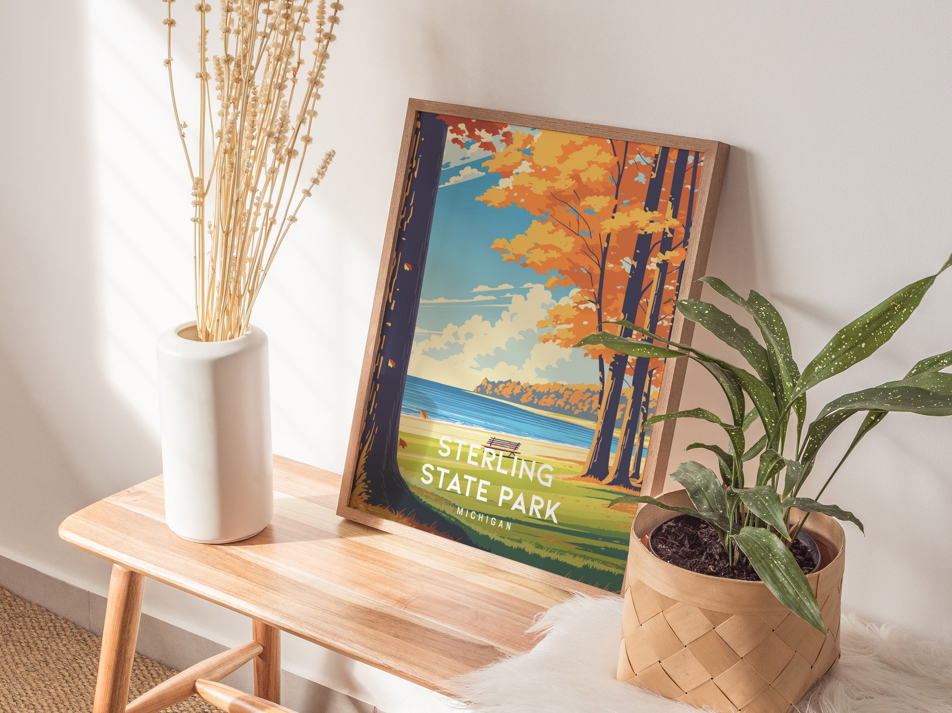 Sterling State Park, Michigan Poster | Lakeside Marshland & Sunset Wall Art — styled in a modern interior