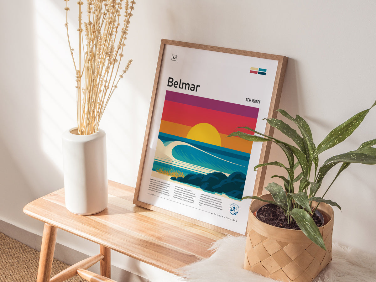 Belmar, New Jersey Poster | Surf & Boardwalk Coastal Wall Art — styled in a modern interior