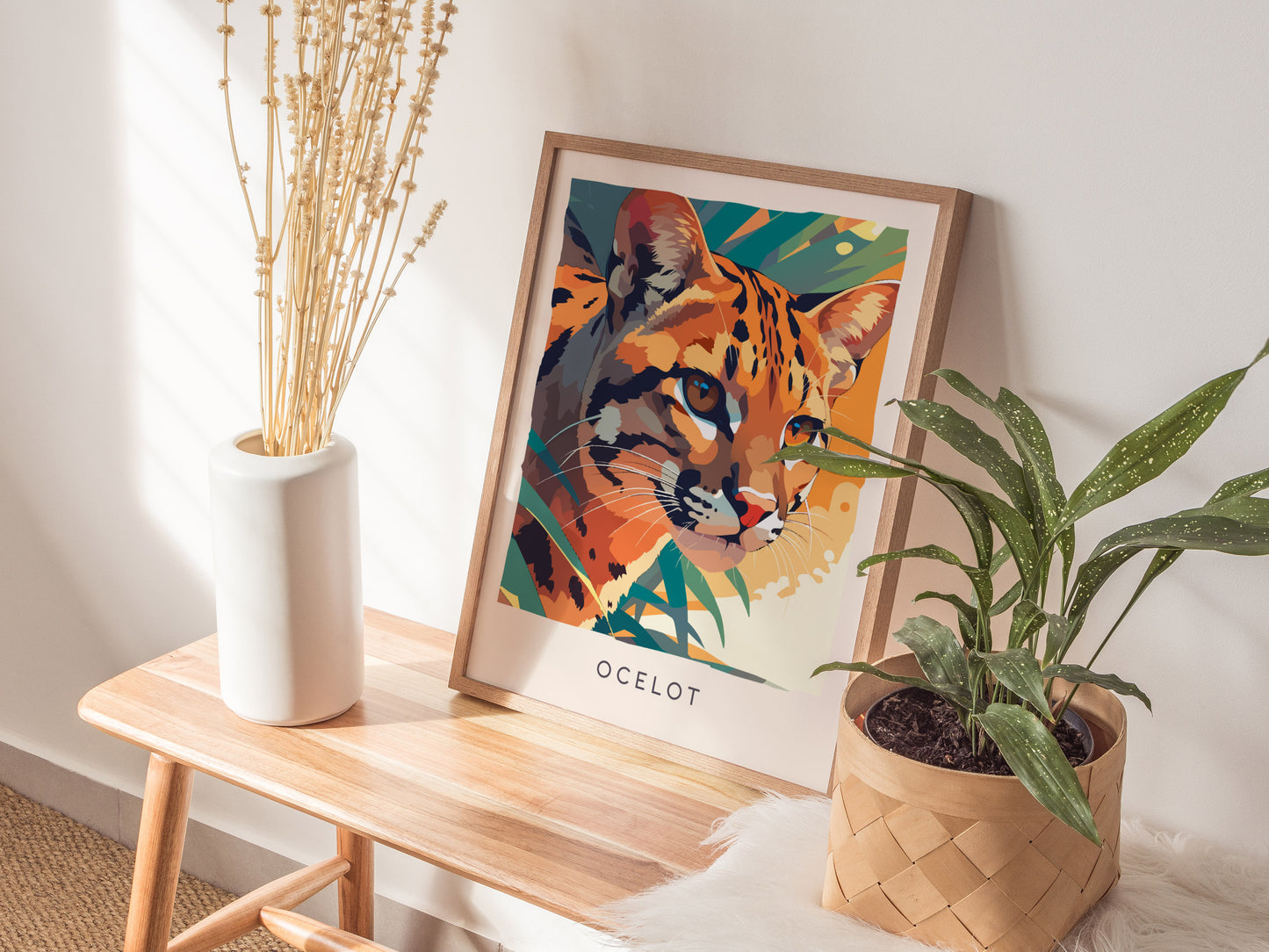 Ocelot, Leopardus Pardalis Poster | Wild Jungle Cat Nature Poster Wall Art — styled in a modern interior