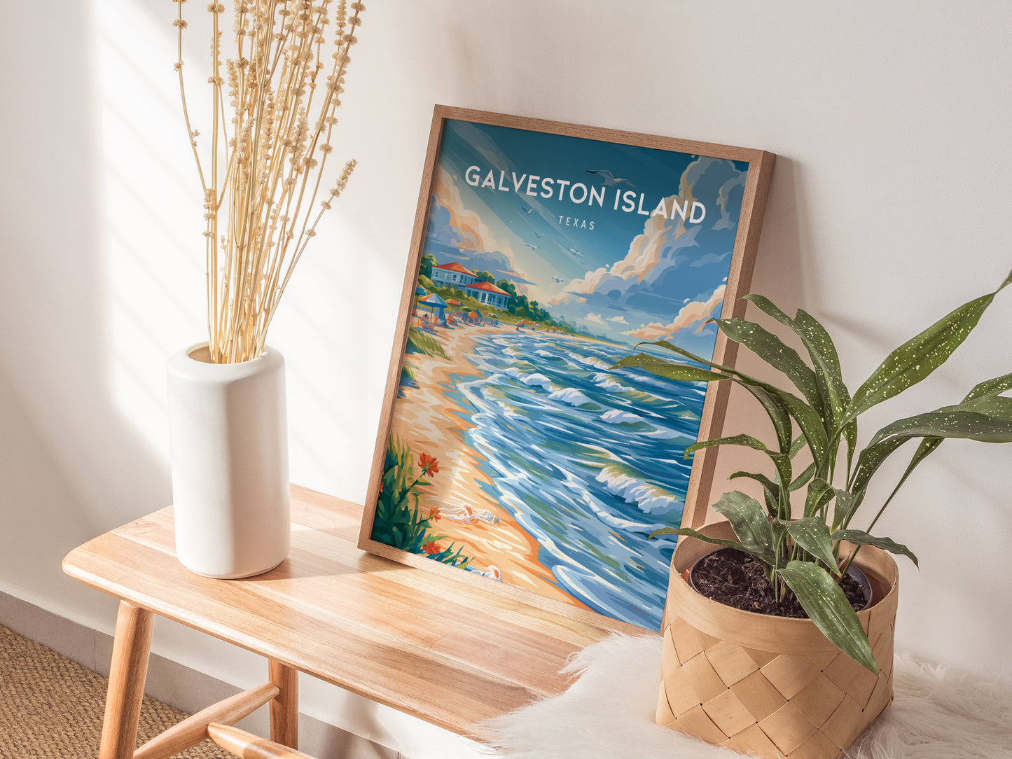 Galveston Island, Texas Poster | Seaside Pier & Gulf Coast Wall Art — styled in a modern interior
