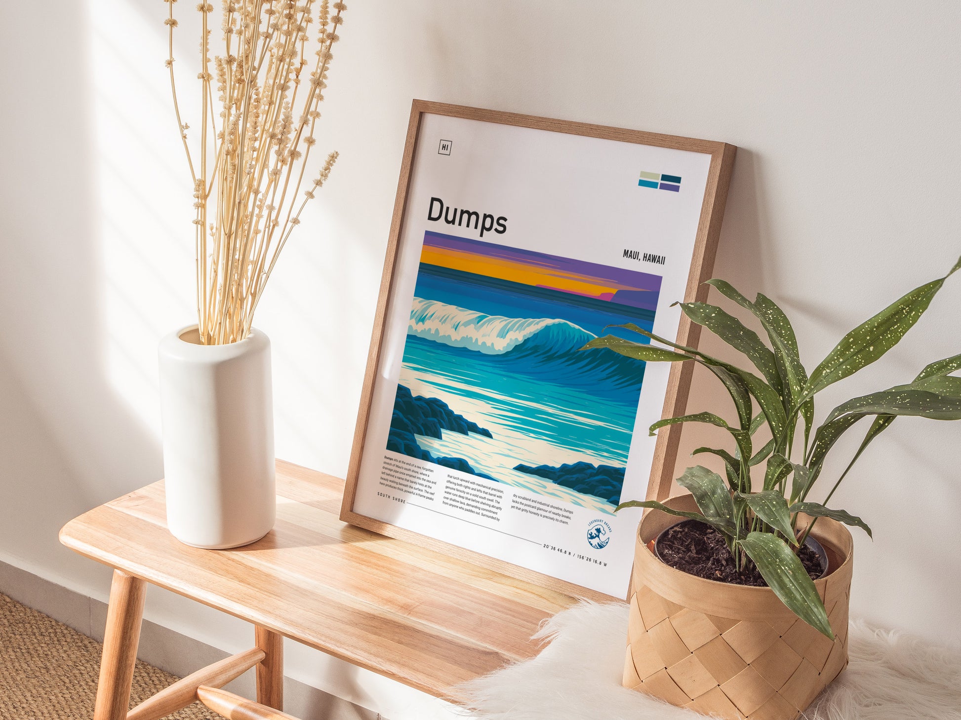 Dumps, Hawaii Poster | Tropical Reef Break Surf Wall Art — styled in a modern interior