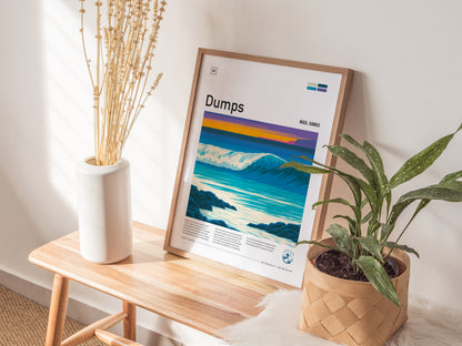 Dumps, Hawaii Poster | Tropical Reef Break Surf Wall Art — styled in a modern interior